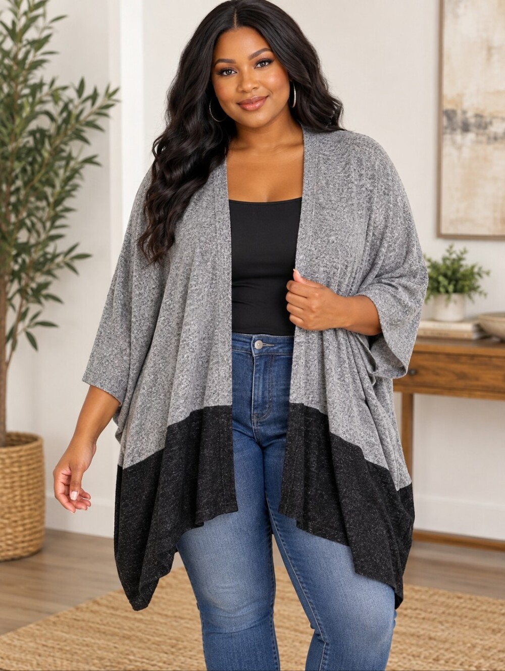 S0137. Cardigan Sweater Knit Jacket Open Front Gray Black Color Blocking XL Plus
